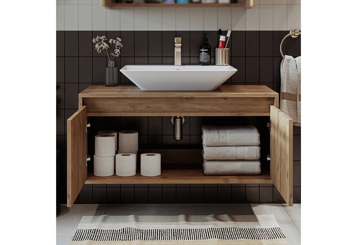 Roomart Badmöbel-Set ATLANTIC 100 cm, 5 Farben, opt. Keramik-Aufsatzbecken, Soft-Close, (Badezimmermöbel ATLANTIC 100cm in 5 Farben Waschbecken Unterschrank) – Bild 4 von 5