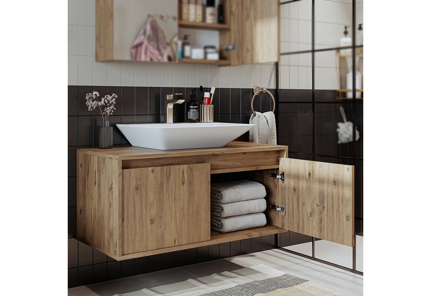 Roomart Badmöbel-Set ATLANTIC 100 cm, 5 Farben, opt. Keramik-Aufsatzbecken, Soft-Close, (Badezimmermöbel ATLANTIC 100cm in 5 Farben Waschbecken Unterschrank) – Bild 5 von 5