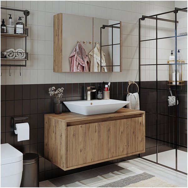 Roomart Badmöbel-Set ATLANTIC 100 cm 3-teilig, Keramikbecken, Spiegelschrank, 5 Farben, (Komplett-Set, Badezimmermöbel Set Unterschrank Spiegelschrank), Soft-Cl