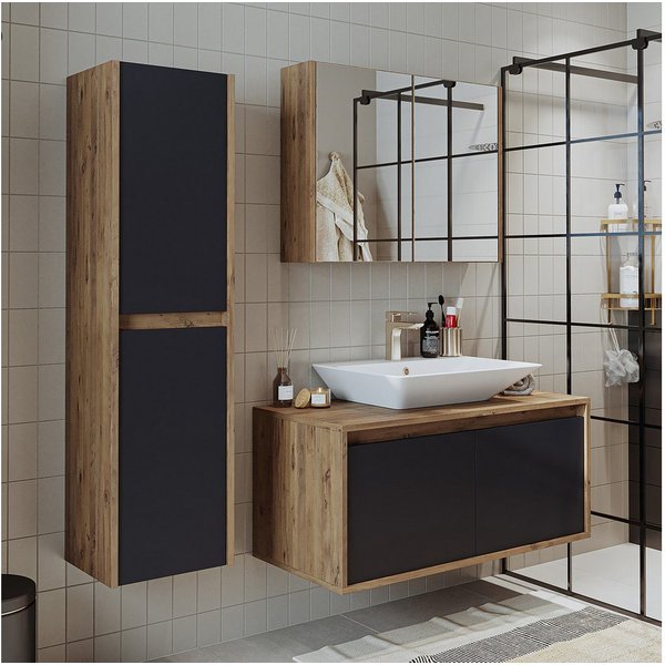 Roomart Badmöbel-Set ATLANTIC 100 cm 4-tlg., Hochschrank, Keramikbecken, 5 Farben, (Komplett-Set, Badmöbel Set, Unterschrank, Waschbecken, Spiegelschrank, Hochs