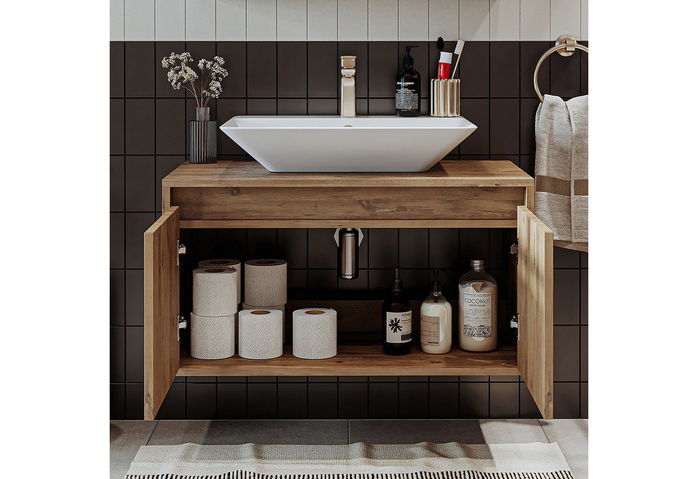 Roomart Badmöbel-Set ATLANTIC 85 cm, opt: mit Keramik-Aufsatzbecken in 4 Farben, (Badezimmermöbel ATLANTIC 85cm in 4 Farben Unterschrank) – Bild 4 von 5
