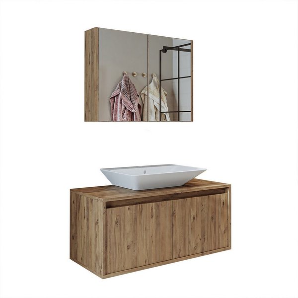 Roomart Badmöbel-Set ATLANTIC Waschtisch + Spiegelschrank + Keramik-Aufsatzwaschbecken, (ATLANTIC – Unterschrank + Spiegelschrank + Waschbecken), feuchtigkeitsb