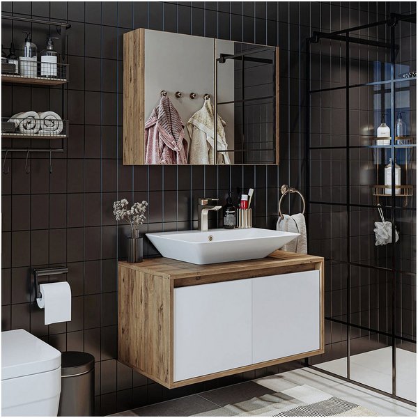 Roomart Badmöbel-Set ATLANTIC Waschtisch + Spiegelschrank + Keramik-Aufsatzwaschbecken, (ATLANTIC – Unterschrank + Spiegelschrank + Waschbecken), feuchtigkeitsb
