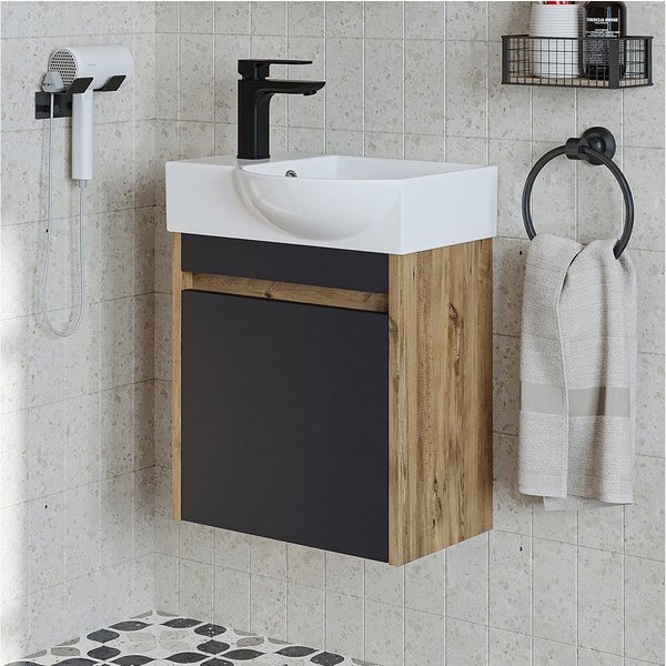 Roomart Badmöbel-Set LEO Gäste-WC Set 46,5 cm, nur 24,5 cm tief, Soft-Close, 4 Farben, (Komplett-Set, • Unterschrank mit Waschbecken • Badezimmer Möbel • Gäste 