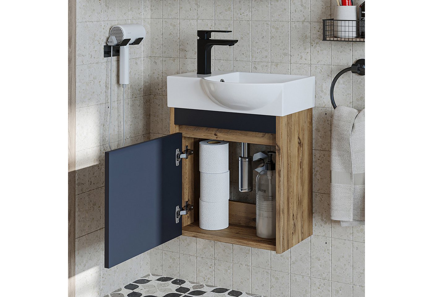 Roomart Badmöbel-Set LEO Gäste-WC Set 46,5 cm, nur 24,5 cm tief, Soft-Close, 4 Farben, (Komplett-Set, • Unterschrank mit Waschbecken • Badezimmer Möbel • Gäste  – Bild 2 von 4