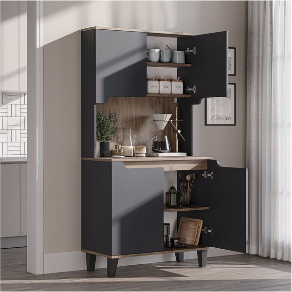 Roomart Küchenbuffet DEFNE mit Nische Kaffeebar Mikrowellenschrank Vorratsschrank, 5 Farben Offene Nische für Kaffeemaschine, 4 Türfächer