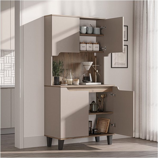 Roomart Küchenbuffet DEFNE mit Nische Kaffeebar Mikrowellenschrank Vorratsschrank, 5 Farben Offene Nische für Kaffeemaschine, 4 Türfächer
