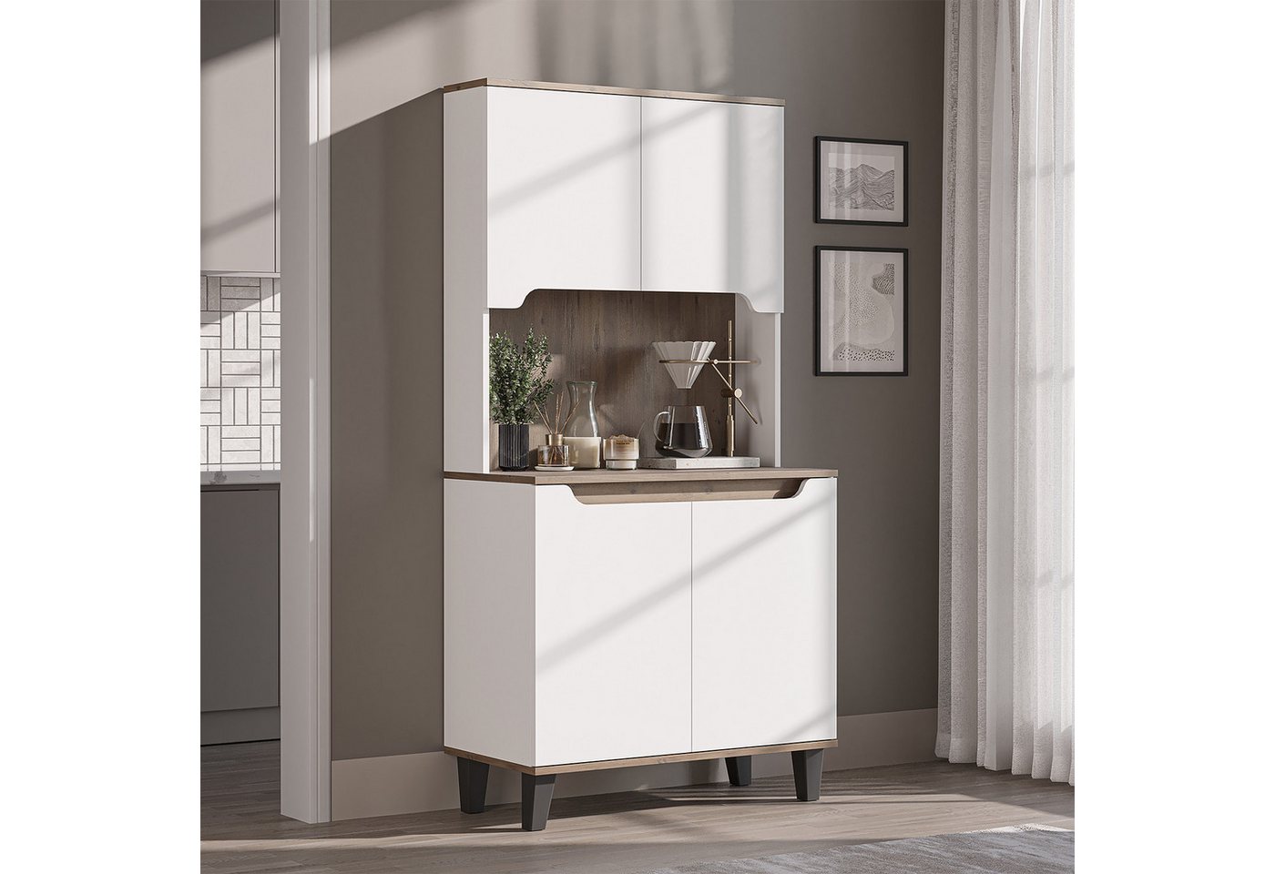 Roomart Küchenbuffet DEFNE mit Nische Kaffeebar Mikrowellenschrank Vorratsschrank, 5 Farben Offene Nische für Kaffeemaschine, 4 Türfächer – Bild 2 von 5