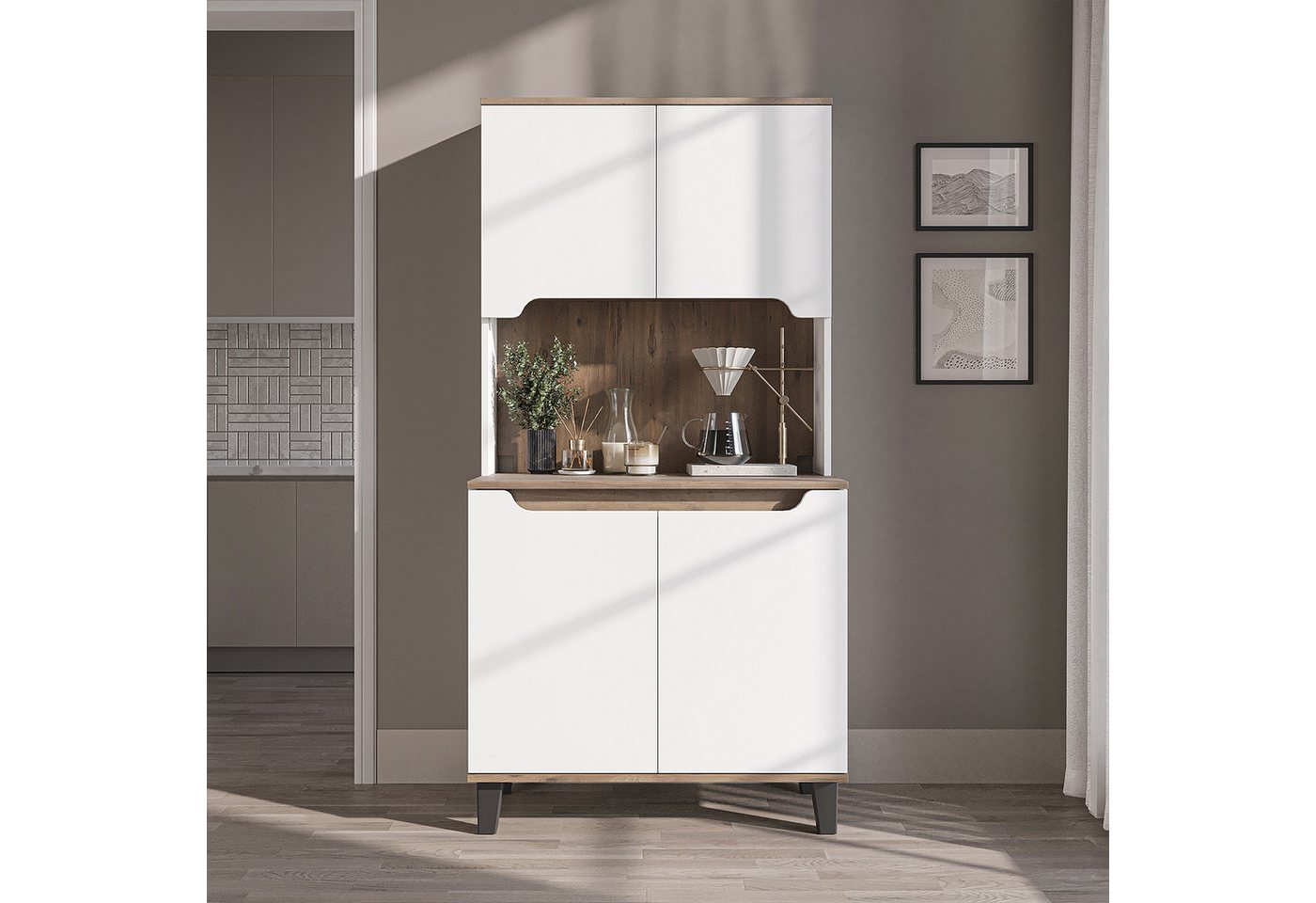 Roomart Küchenbuffet DEFNE mit Nische Kaffeebar Mikrowellenschrank Vorratsschrank, 5 Farben Offene Nische für Kaffeemaschine, 4 Türfächer – Bild 3 von 5
