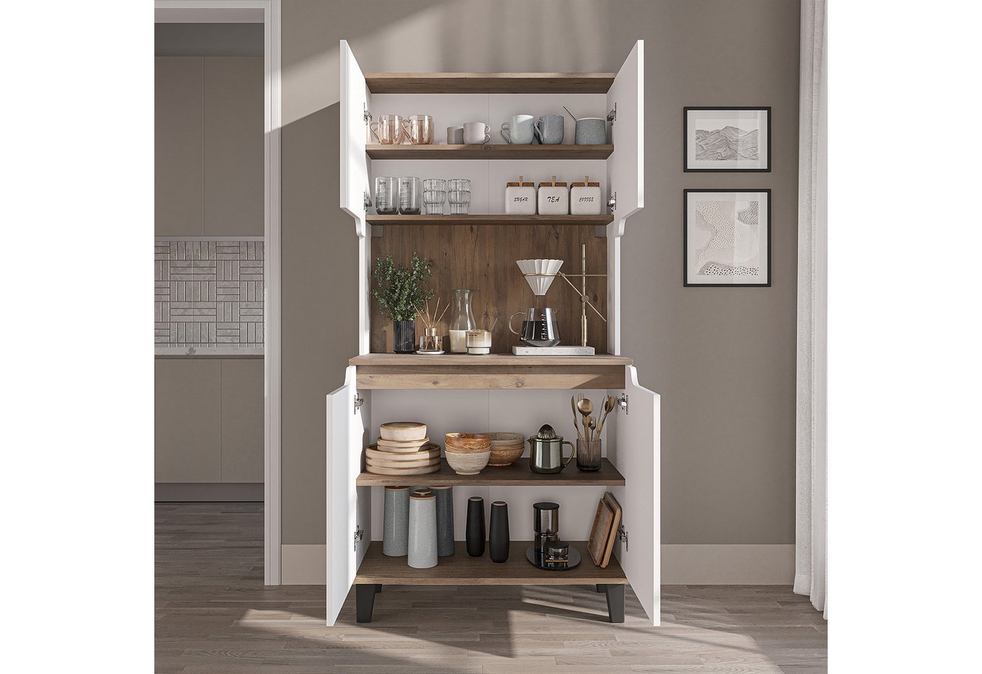 Roomart Küchenbuffet DEFNE mit Nische Kaffeebar Mikrowellenschrank Vorratsschrank, 5 Farben Offene Nische für Kaffeemaschine, 4 Türfächer – Bild 4 von 5