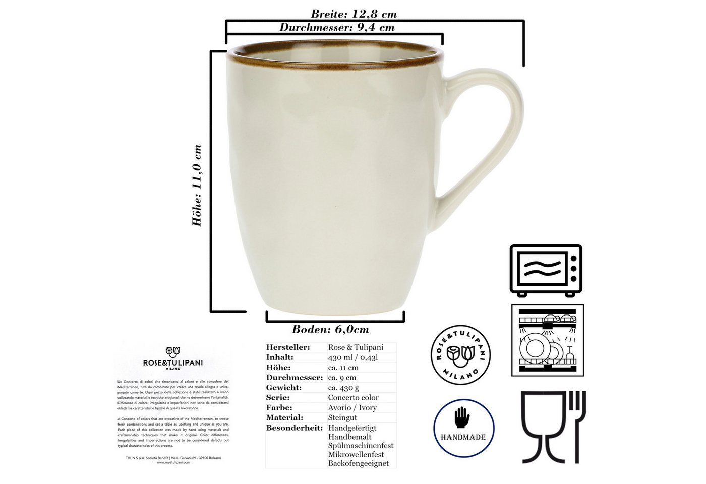 Rose & Tulpani Tasse Große Tasse Becher Kaffeetasse mit Henkel 430ml Ivory, 1-tlg., Steingut, Handgefertigt, Backofengeeignet – Bild 3 von 5