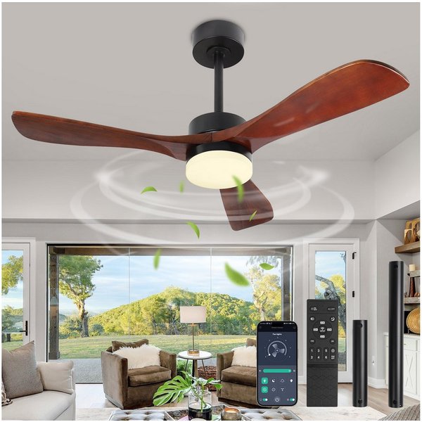 Rosnek Deckenventilator Massivholz mit Licht, App & Fernbedienung,leiser reversibler DC-Motor, 18W LED dimmbar, 6 Stufen, 3 Lichtfarben, für Schlafzimmer, Wohnz