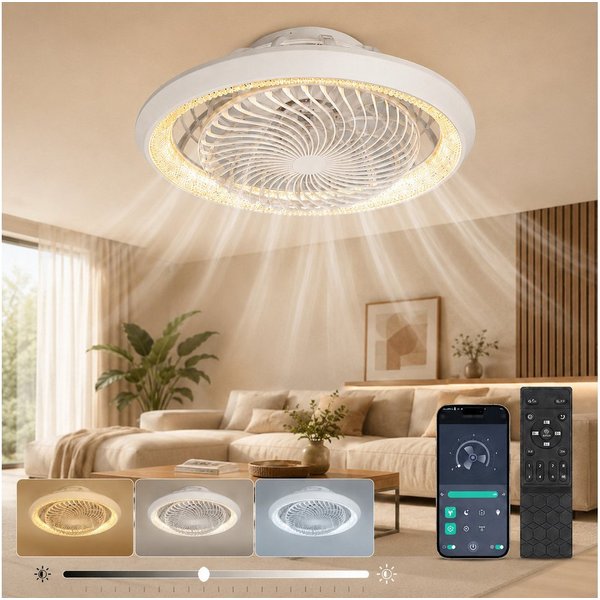 Rosnek Deckenventilator mit Beleuchtung, Moderner Ventilator, 360° drehbar, leise & Dimmbar, 6-Gang, Fernbedienung & App, Timer, 49cm, für Wohn- & Schlafzimmer