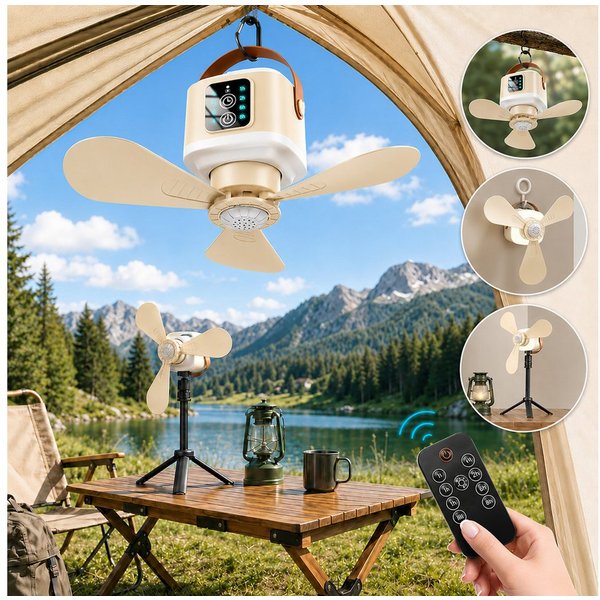 Rosnek Deckenventilator mit Beleuchtung Camping, tragbar, Fernbedienung, 4 Stufen, 3 Lichtmodi, 7200mAh, 7-20h, Balkon Camping RV