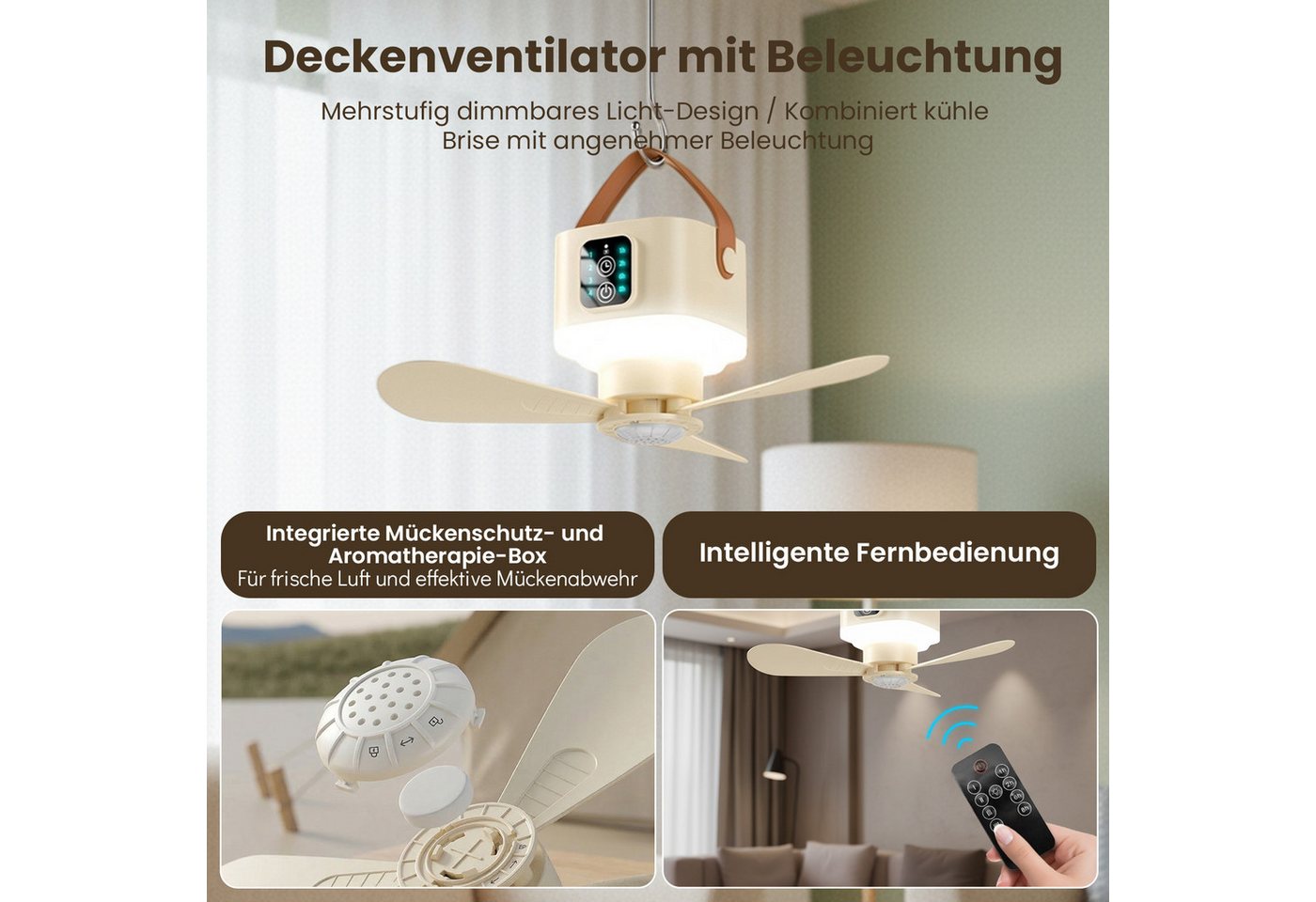 Rosnek Deckenventilator mit Beleuchtung Camping, tragbar, Fernbedienung, 4 Stufen, 3 Lichtmodi, 7200mAh, 7-20h, Balkon Camping RV – Bild 2 von 5