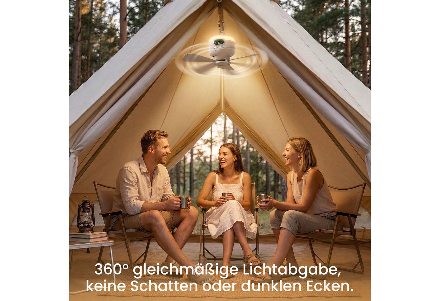 Rosnek Deckenventilator mit Beleuchtung Camping, tragbar, mit Fernbedienung/LED/Haken, Akku, 4 Stufen, 8000mAh Akku, 10h Laufzeit, Balkon Camping RV – Bild 2 von 5
