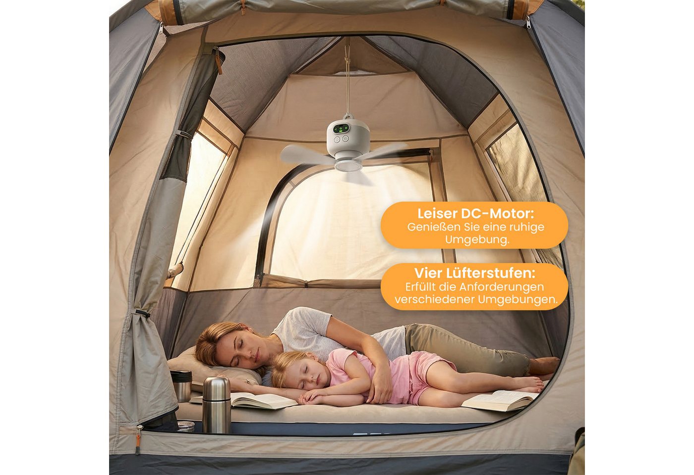 Rosnek Deckenventilator mit Beleuchtung Camping, tragbar, mit Fernbedienung/LED/Haken, Akku, 4 Stufen, 8000mAh Akku, 10h Laufzeit, Balkon Camping RV – Bild 3 von 5