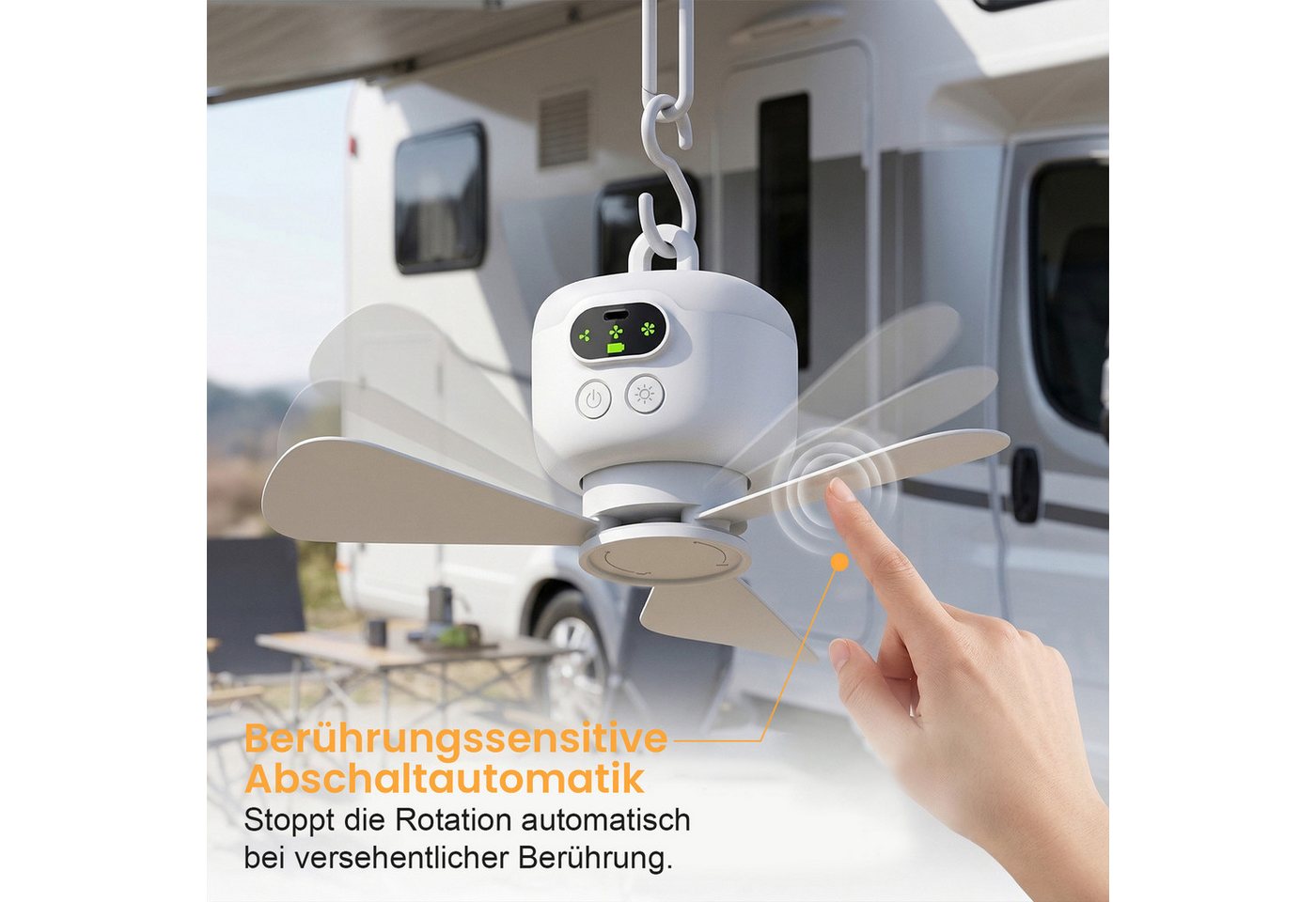 Rosnek Deckenventilator mit Beleuchtung Camping, tragbar, mit Fernbedienung/LED/Haken, Akku, 4 Stufen, 8000mAh Akku, 10h Laufzeit, Balkon Camping RV – Bild 5 von 5