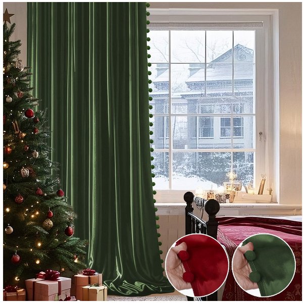 Rosnek Gardine Samtvorhang mit Pompon, Kräuselband, Wärmeisolierend, 2er Set (1 St), Verdunklungsvorhänge für Schlafzimmer/Wohnzimmer