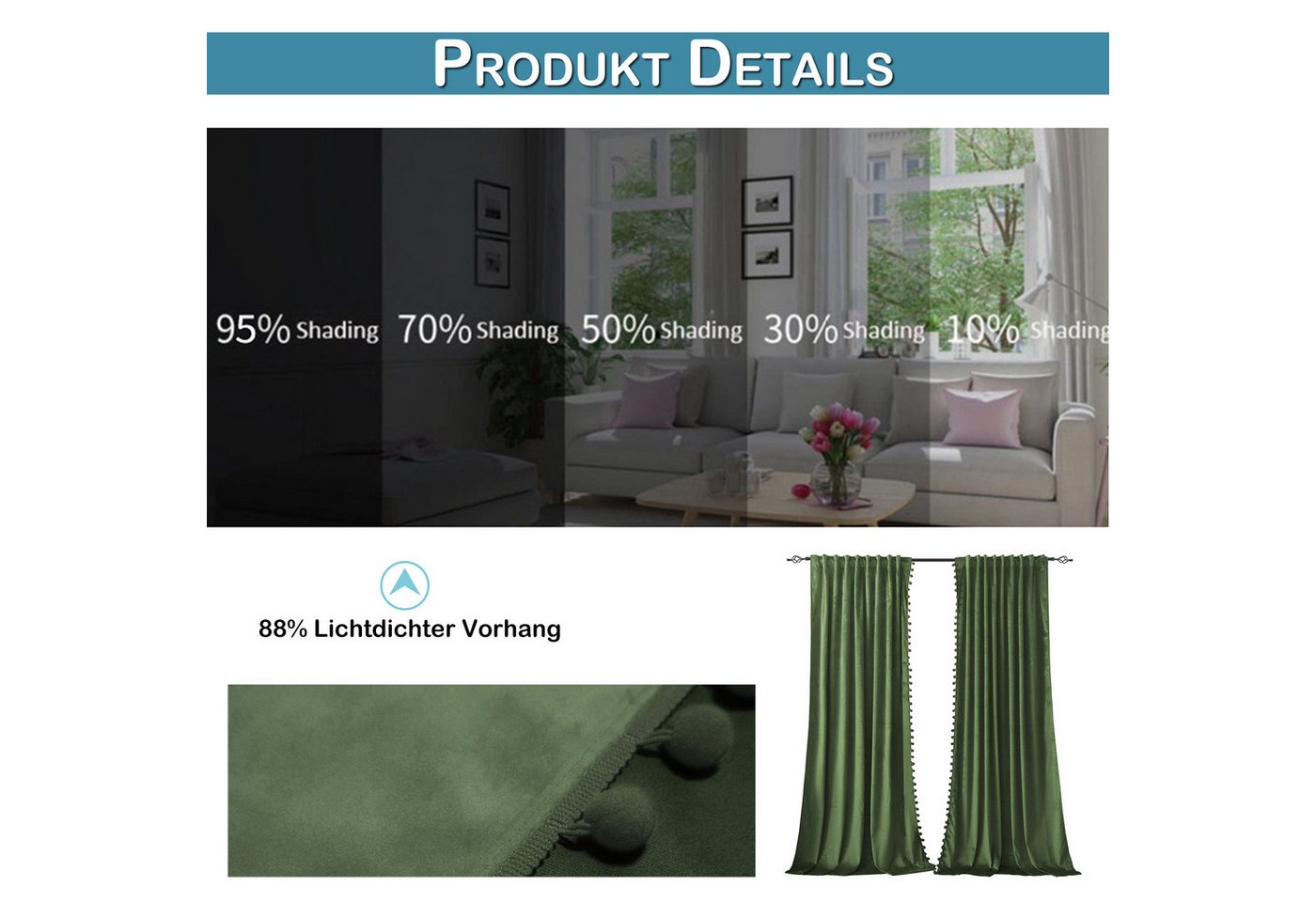 Rosnek Gardine Samtvorhang mit Pompon, Kräuselband, Wärmeisolierend, 2er Set (1 St), Verdunklungsvorhänge für Schlafzimmer/Wohnzimmer – Bild 4 von 5