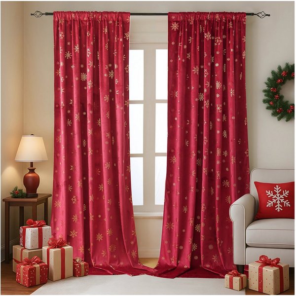 Rosnek Gardine Weihnachtsvorhang Samt, Wärmeisolierend, Blickdicht, Goldschneeflocken, Thermovorhang für Wohn- & Schlafzimmer, Rot/Grün, 132 cm breit