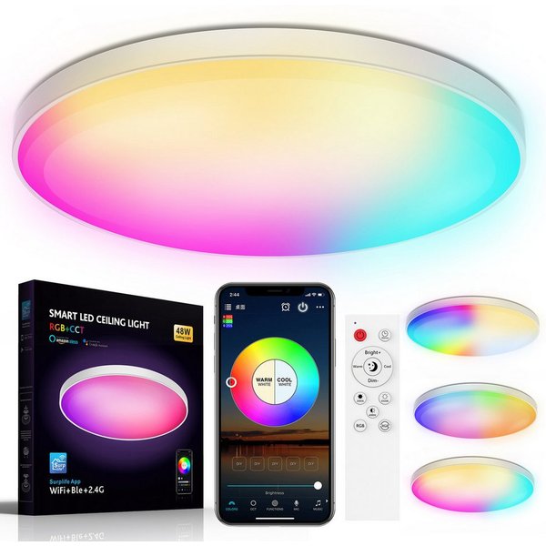 Rosnek LED Deckenleuchte 48/30W, RGB+CCT, WiFi, Unterputzmontage, für Schlafzimmer Wohnzimmer, 30W, LEDs, RGB+CCT, Intelligente Deckenleuchte
