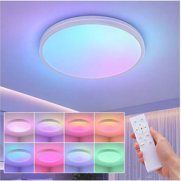Rosnek LED Deckenleuchte RGB dimmbar, 48W Deckenlampe mit Fernbedienung, Ø37 cm, LED fest integriert, 4800 lm, CRI ≥ 90, PP+ABS, für Schlafzimmer, Wohnzimmer un