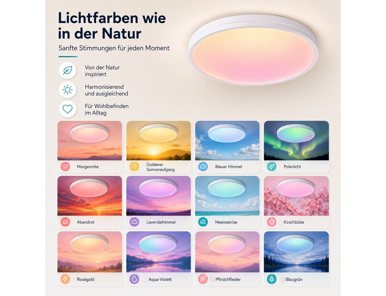 Rosnek LED Deckenleuchte RGB dimmbar, 48W Deckenlampe mit Fernbedienung, Ø37 cm, LED fest integriert, 4800 lm, CRI ≥ 90, PP+ABS, für Schlafzimmer, Wohnzimmer un – Bild 2 von 5