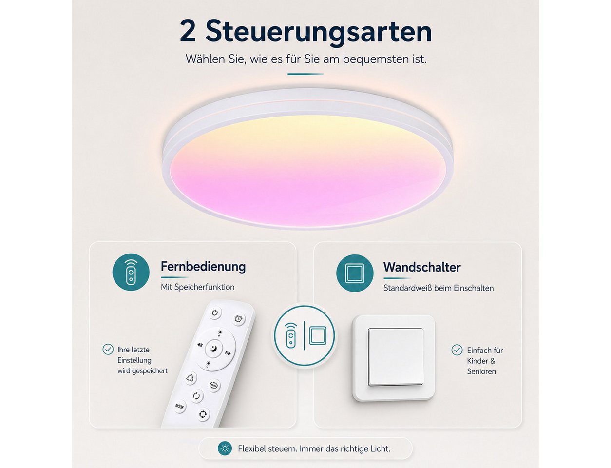 Rosnek LED Deckenleuchte RGB dimmbar, 48W Deckenlampe mit Fernbedienung, Ø37 cm, LED fest integriert, 4800 lm, CRI ≥ 90, PP+ABS, für Schlafzimmer, Wohnzimmer un – Bild 5 von 5