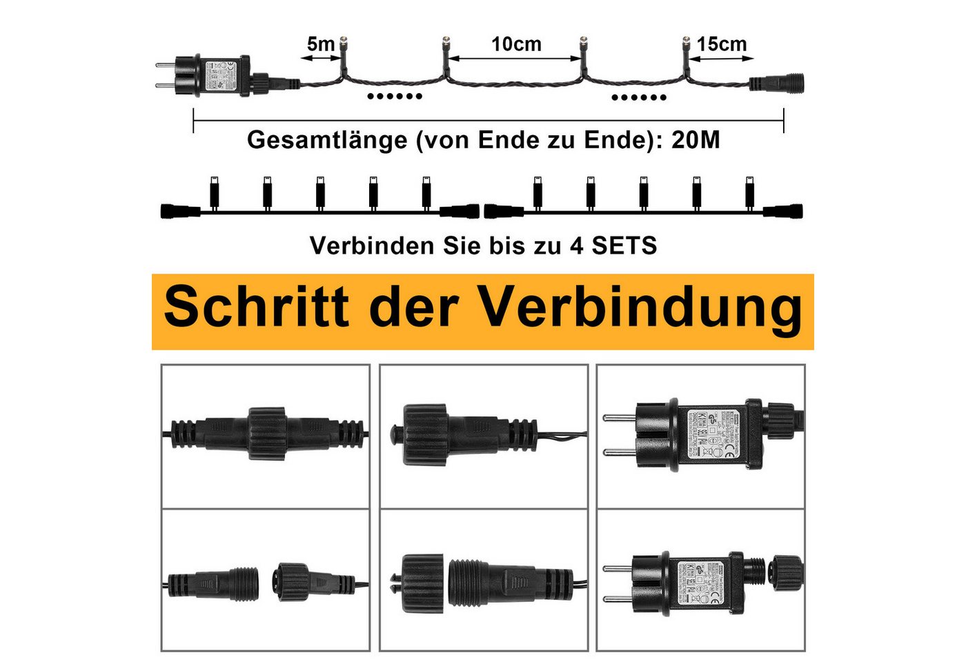 Rosnek LED-Lichterkette 20-100M, Speicherfunktion, Timer, für Weihnachtsbaum, 8 modi, Garten, Schwarzer Draht – Bild 3 von 5