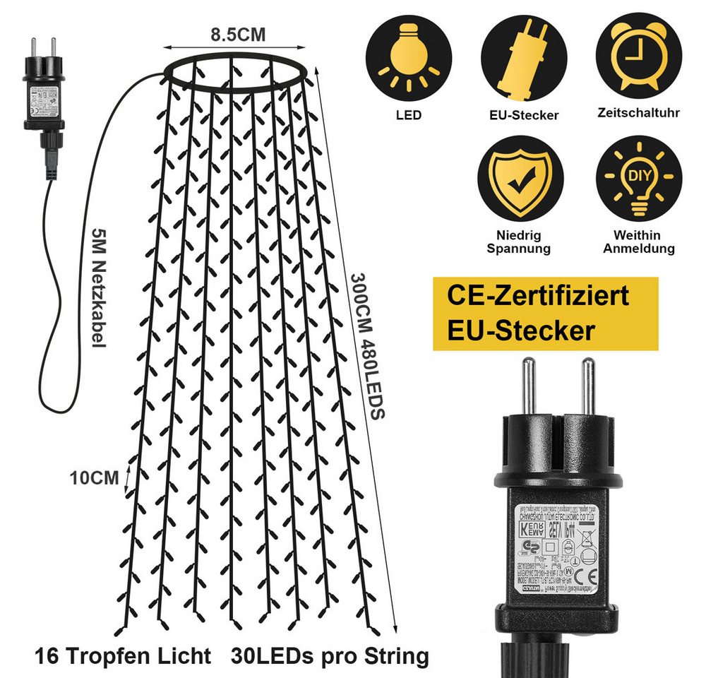 Rosnek LED-Lichterkette 31V, 16 Stränge, 8 Modi, Timer, Speicherfunktion, für Weihnachtsbaum, 480-flammig, Dachgarten Deko, 1.75/3M, 400/480LEDs – Bild 2 von 5