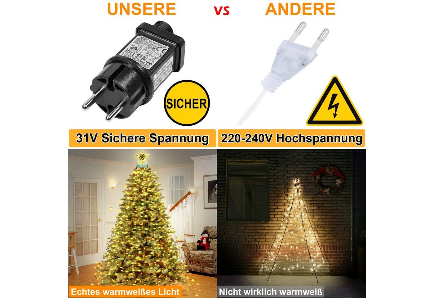 Rosnek LED-Lichterkette 31V, 16 Stränge, 8 Modi, Timer, Speicherfunktion, für Weihnachtsbaum, 480-flammig, Dachgarten Deko, 1.75/3M, 400/480LEDs – Bild 3 von 5