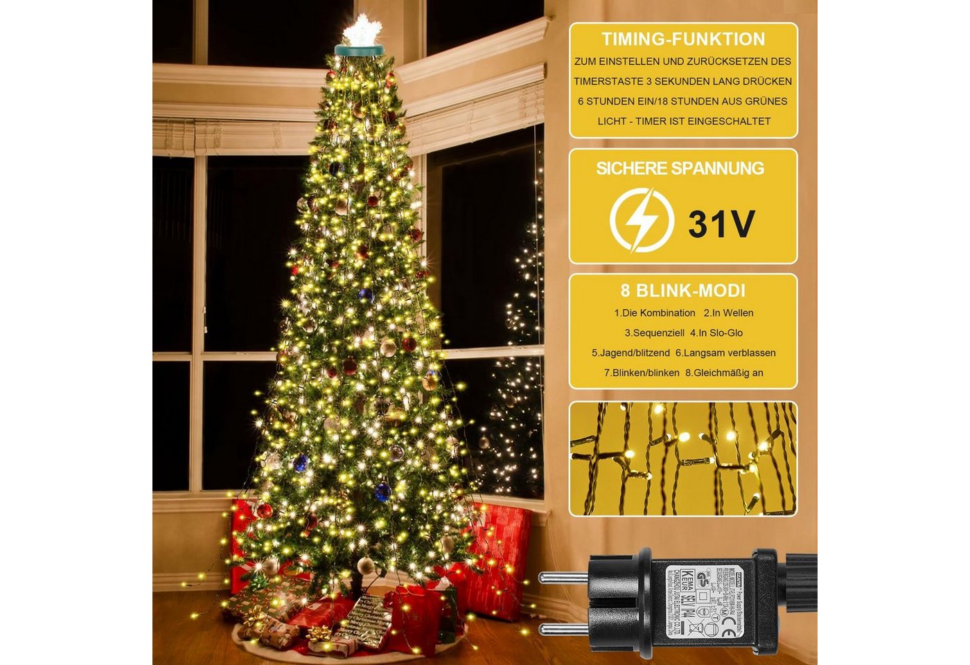 Rosnek LED-Lichterkette 31V, 16 Stränge, 8 Modi, Timer, Speicherfunktion, für Weihnachtsbaum, 480-flammig, Dachgarten Deko, 1.75/3M, 400/480LEDs – Bild 4 von 5