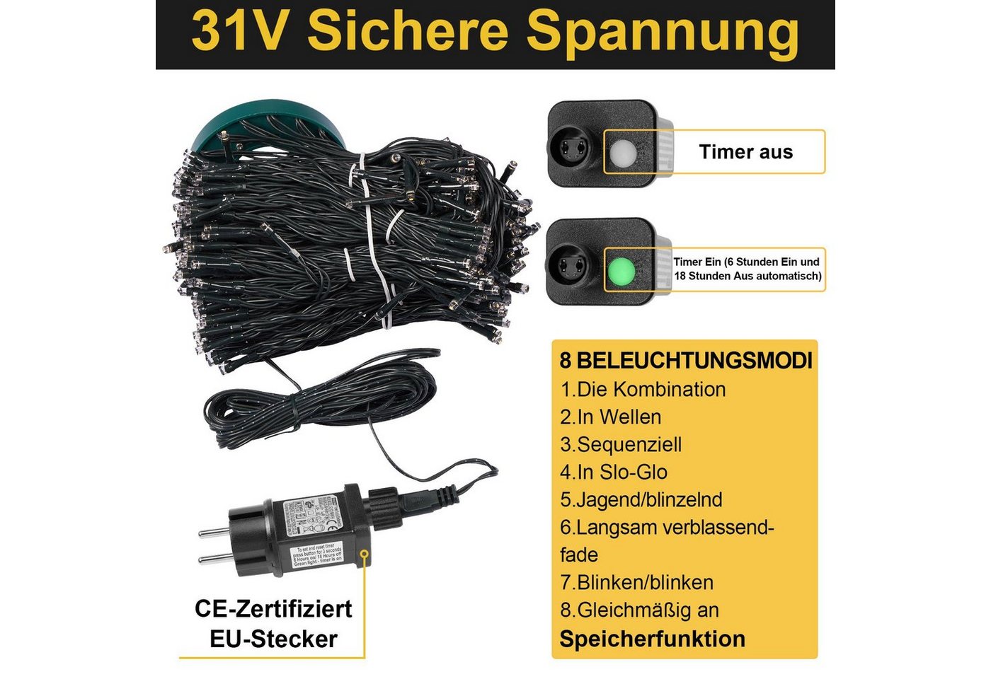Rosnek LED-Lichterkette 31V, 16 Stränge, 8 Modi, Timer, Speicherfunktion, für Weihnachtsbaum, 480-flammig, Dachgarten Deko, 1.75/3M, 400/480LEDs – Bild 5 von 5