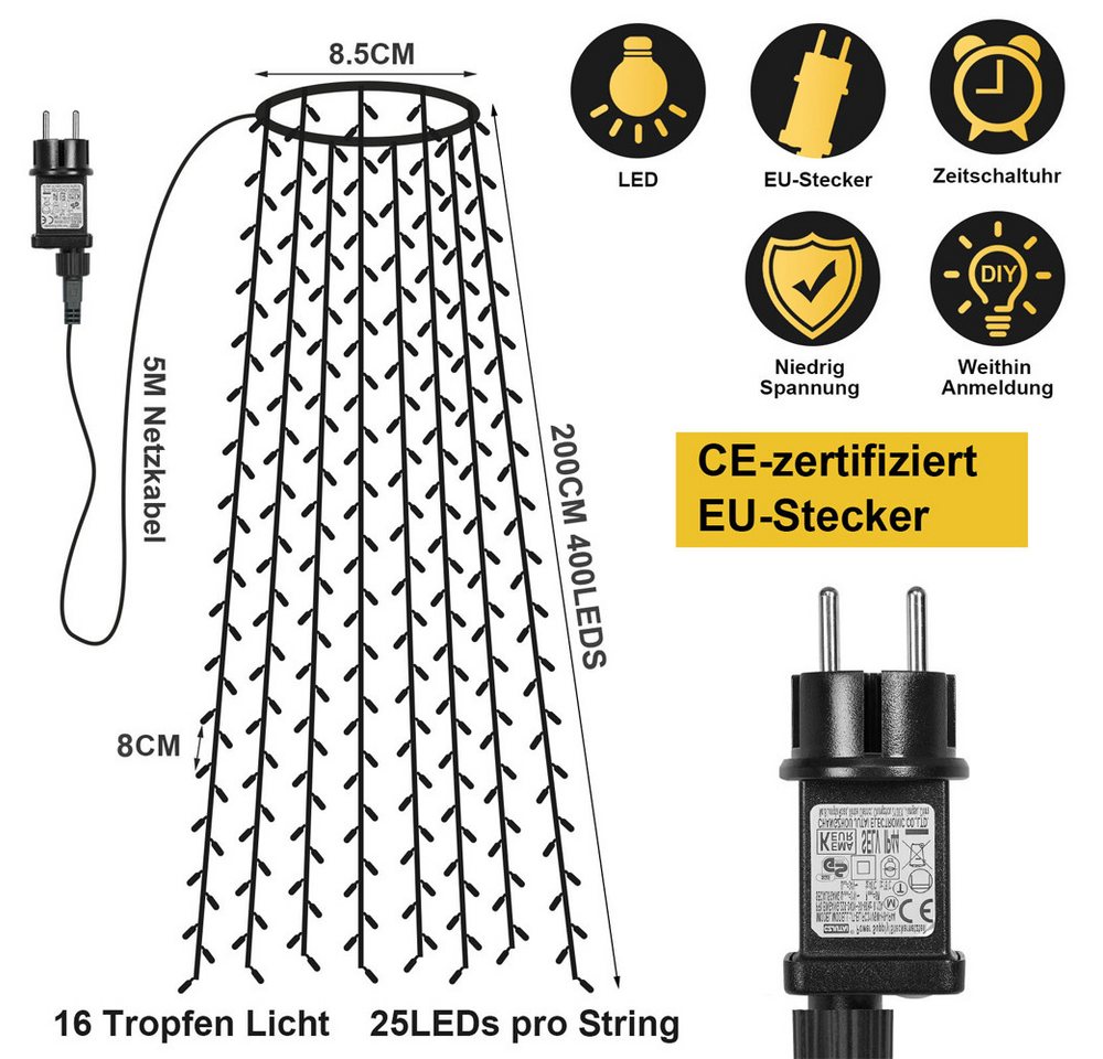 Rosnek LED-Lichterkette 31V, 16 Stränge, 8 Modi, Timer, Speicherfunktion, für Weihnachtsbaum, 400-flammig, Dachgarten Deko, 1.75/3M, 400/480LEDs – Bild 2 von 5