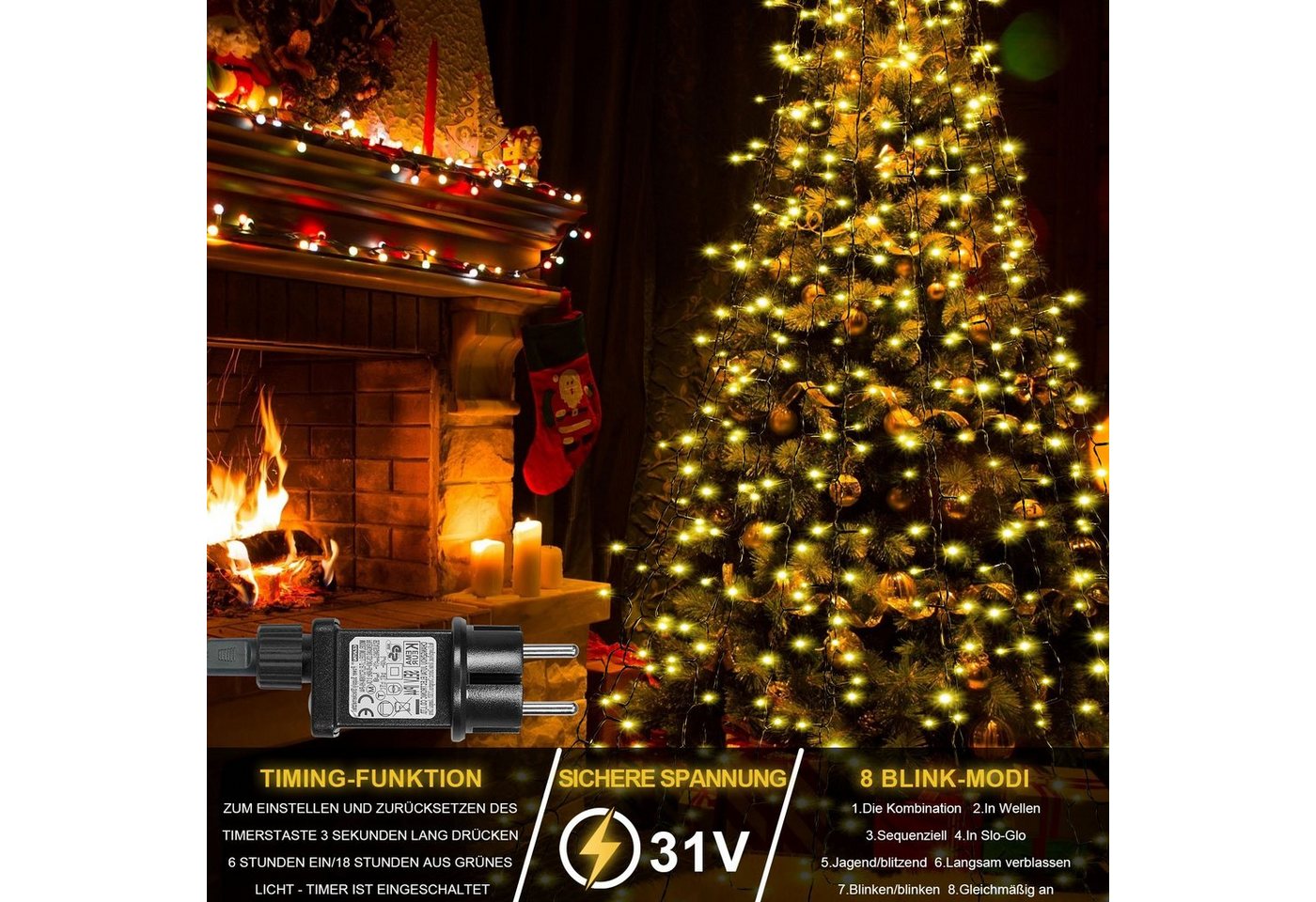 Rosnek LED-Lichterkette 31V, 16 Stränge, 8 Modi, Timer, Speicherfunktion, für Weihnachtsbaum, 400-flammig, Dachgarten Deko, 1.75/3M, 400/480LEDs – Bild 4 von 5