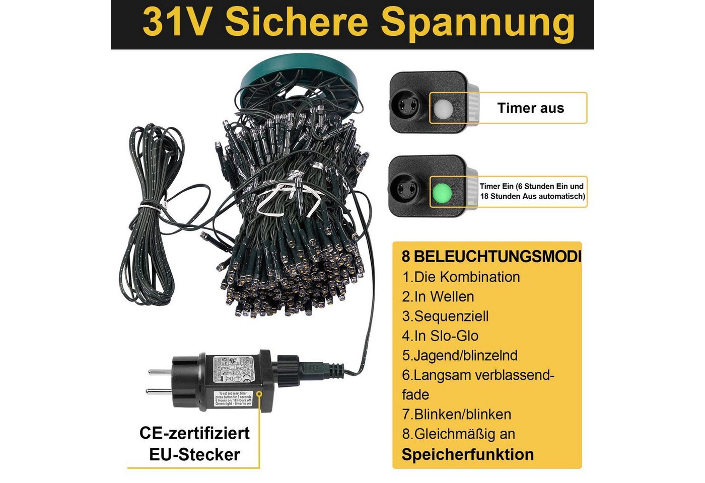 Rosnek LED-Lichterkette 31V, 16 Stränge, 8 Modi, Timer, Speicherfunktion, für Weihnachtsbaum, 400-flammig, Dachgarten Deko, 1.75/3M, 400/480LEDs – Bild 5 von 5