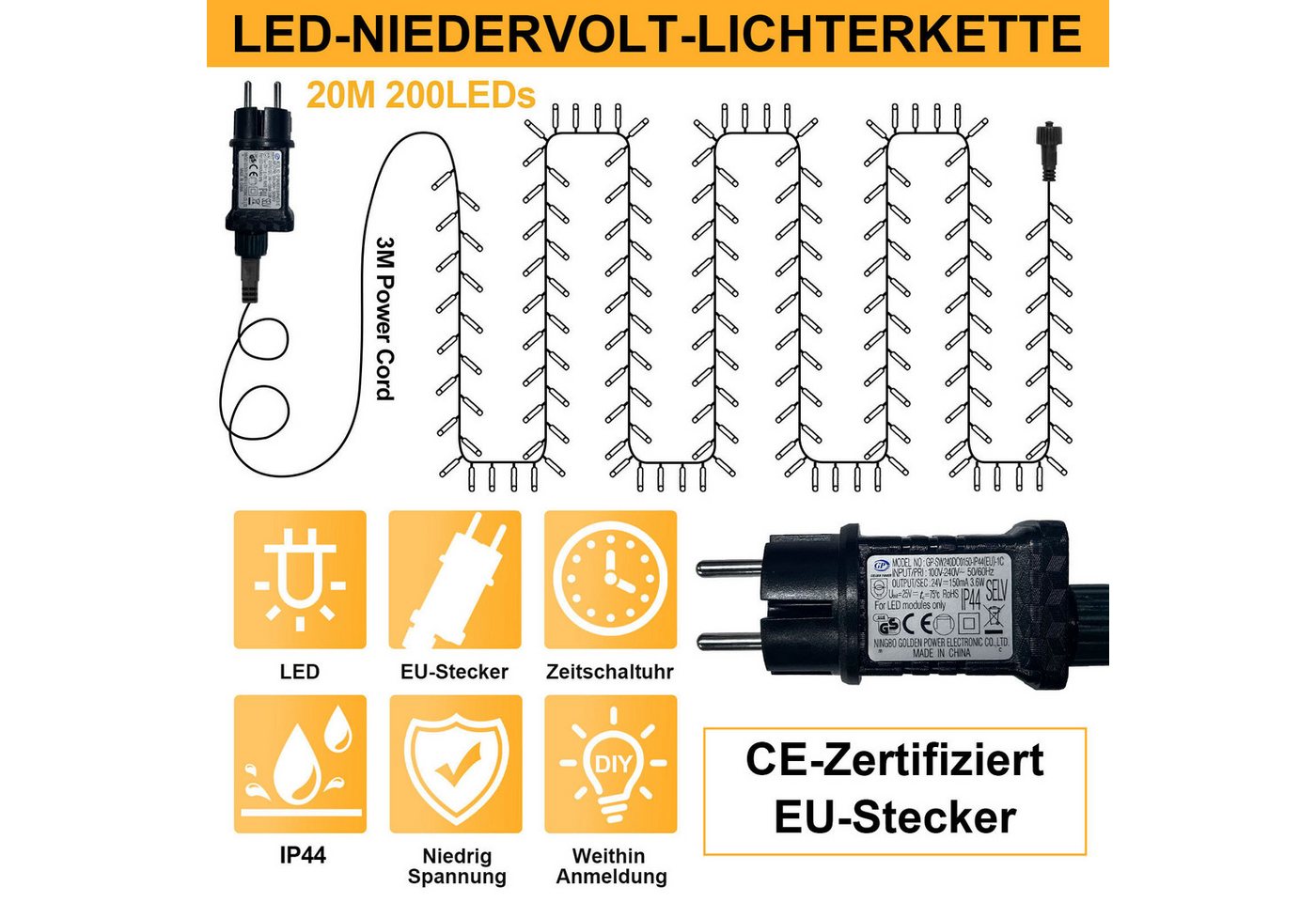 Rosnek LED-Lichterkette Niedervolt mit Timer, 8 Modi, Memory, 20-100 m, 6 W, 4 Lichtfarben, Memory, für Innen, Garten & Party – Bild 2 von 5