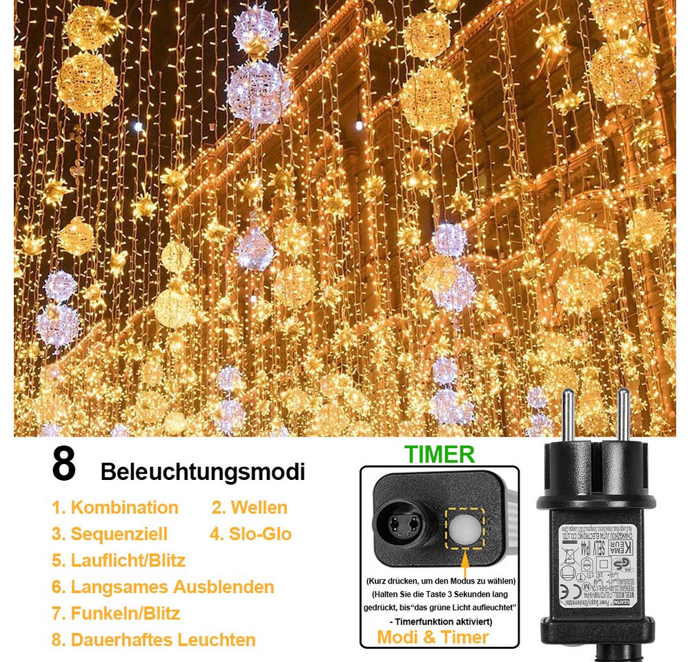 Rosnek LED-Lichterkette Niedervolt mit Timer, 8 Modi, Memory, 20-100 m, 6 W, 4 Lichtfarben, Memory, für Innen, Garten & Party – Bild 3 von 5