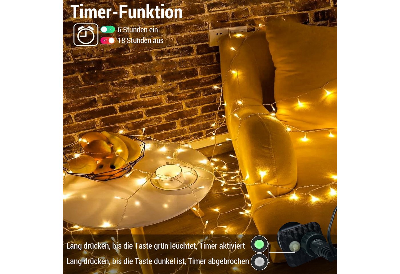 Rosnek LED-Lichterkette Niedervolt mit Timer, 8 Modi, Memory, 20-100 m, 6 W, 4 Lichtfarben, Memory, für Innen, Garten & Party – Bild 4 von 5