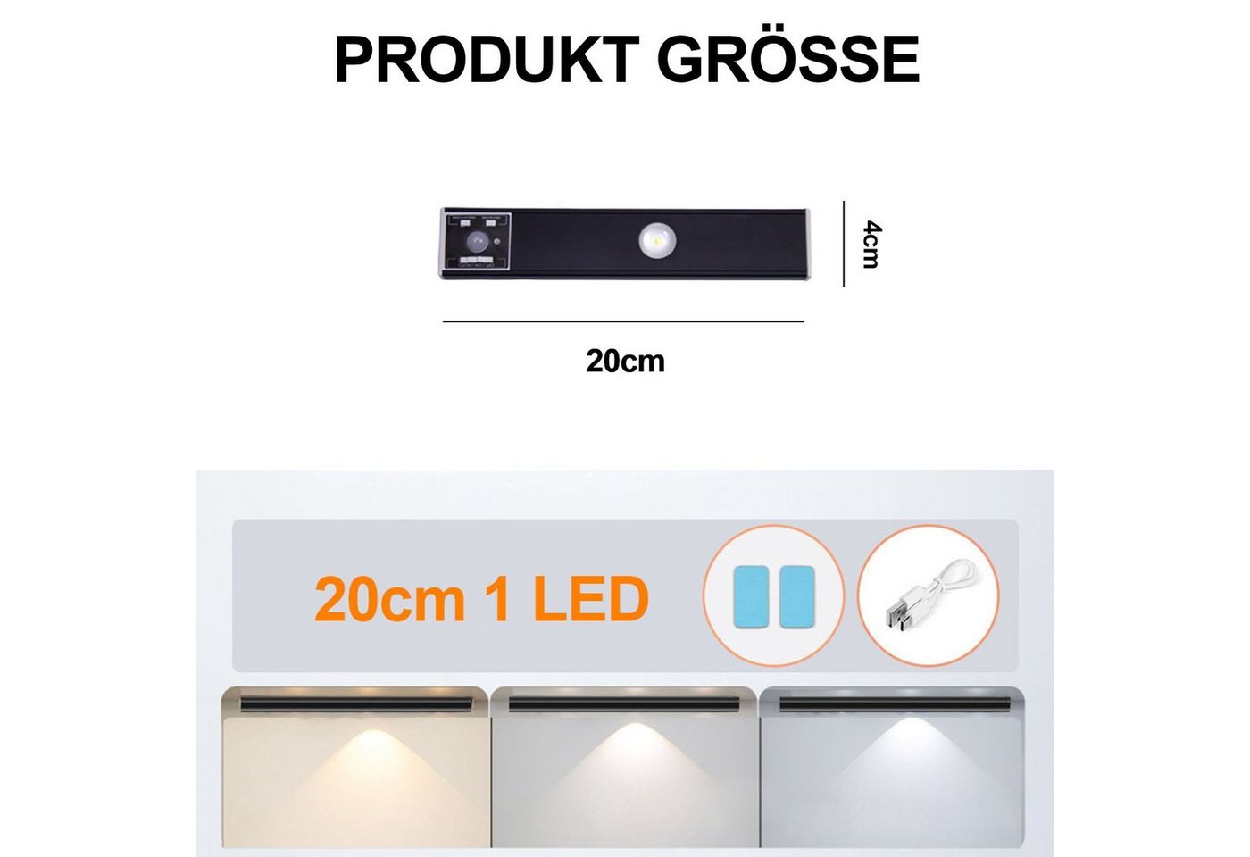 Rosnek LED Lichtleiste Wiederaufladbar, 3 Lichtfarben, dimmbar, für Schrank Garderobe Treppe, 3000K Warmweiß, 4500K Naturweiß, 6500K Kaltweiß, Küche Schlafzimme – Bild 2 von 5