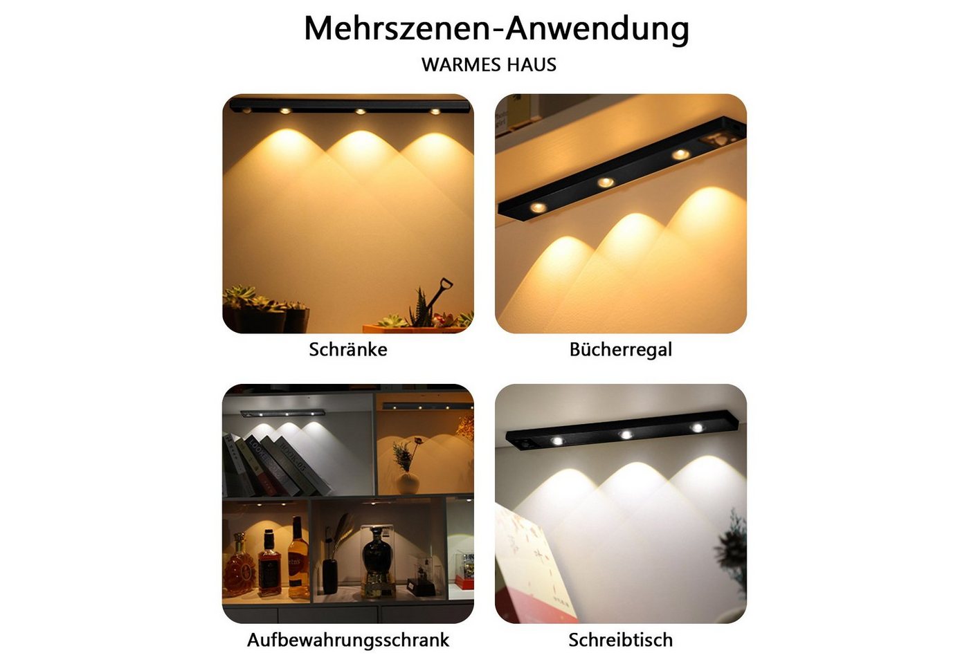 Rosnek LED Lichtleiste Wiederaufladbar, 3 Lichtfarben, dimmbar, für Schrank Garderobe Treppe, 3000K Warmweiß, 4500K Naturweiß, 6500K Kaltweiß, Küche Schlafzimme – Bild 3 von 5