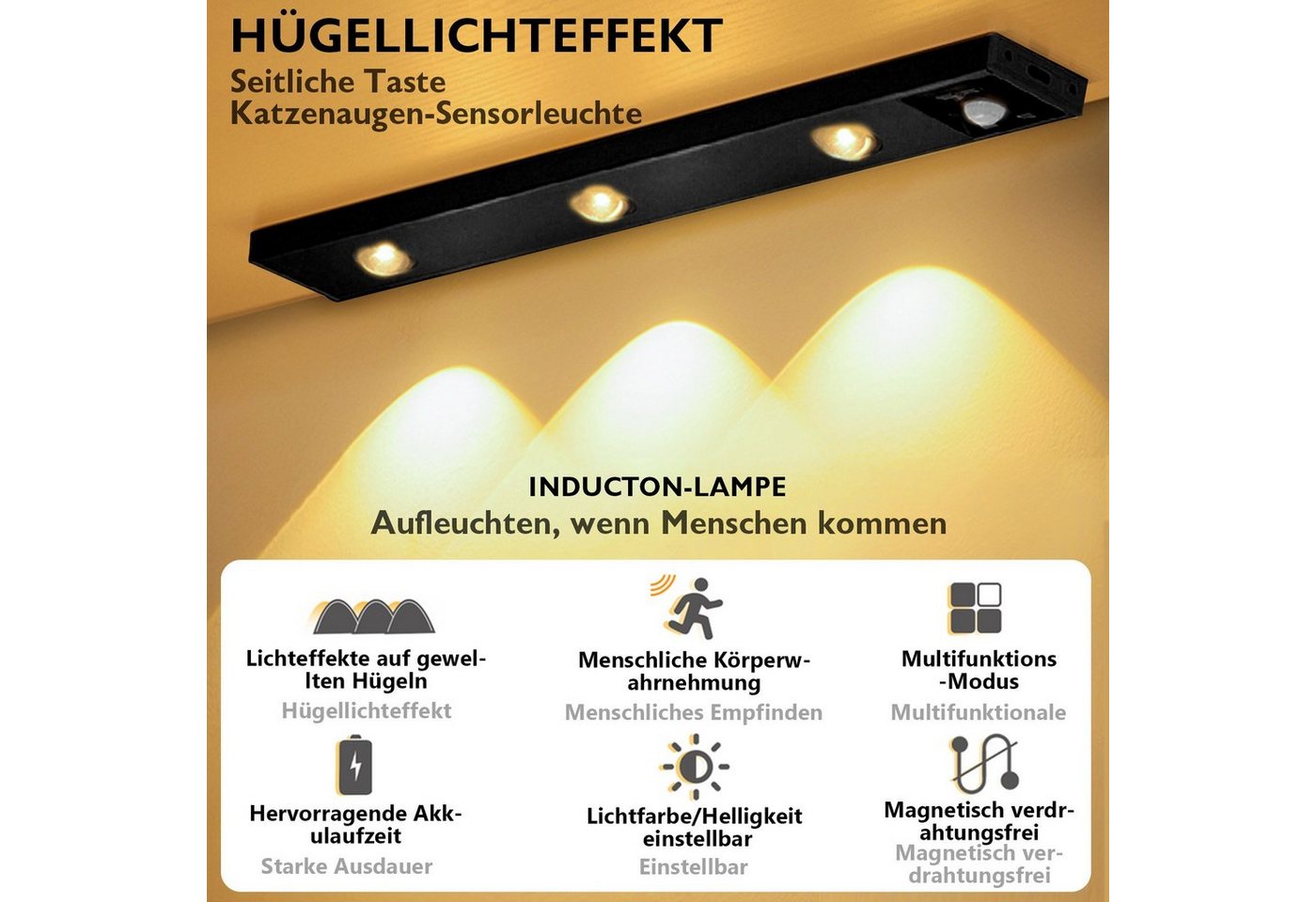 Rosnek LED Lichtleiste Wiederaufladbar, 3 Lichtfarben, dimmbar, für Schrank Garderobe Treppe, 3000K Warmweiß, 4500K Naturweiß, 6500K Kaltweiß, Küche Schlafzimme – Bild 4 von 5