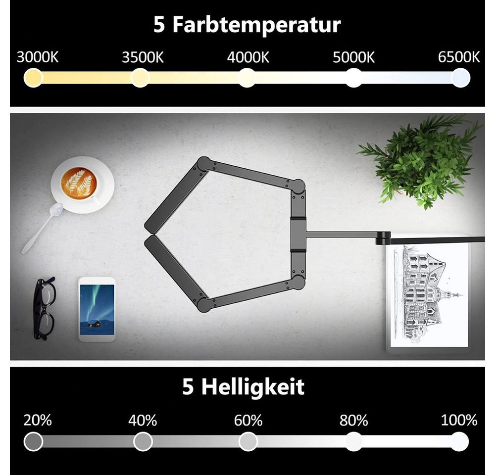 Rosnek LED Tischleuchte 24W, 105 cm, transformierbar, ultrahell, für Architekten Büro Heim, 3000K, 3500K, 4000K, 5000K, 6500K, 5 Farbtemperaturen, mit Klemme Kl – Bild 4 von 5