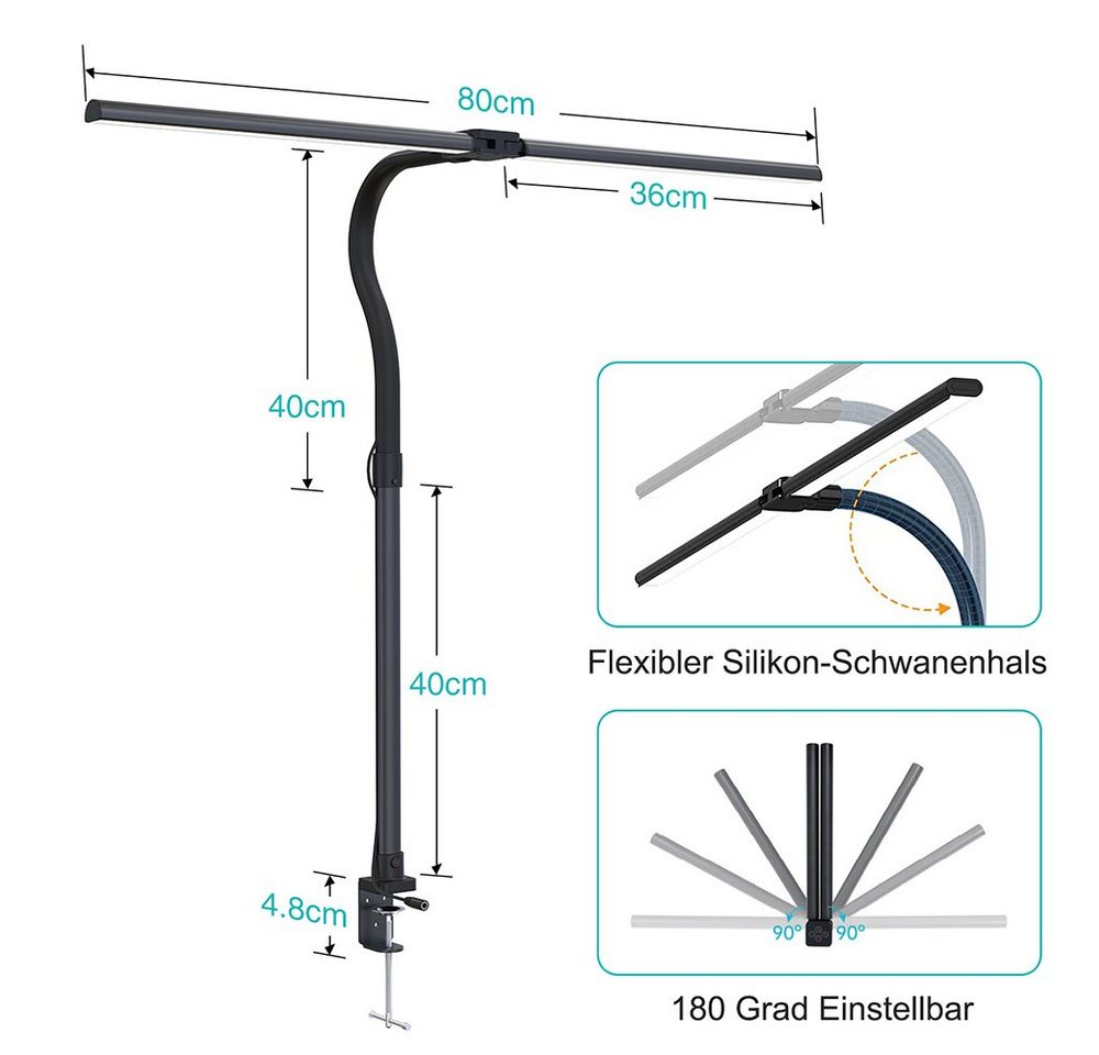 Rosnek LED Tischleuchte Doppelköpfe, 24W, 5 Farben und Helligkeit, für Architekten Büro Lesen, 3200-6500 K, mit Fernbedienung, mit flexibler Schwanenhals – Bild 2 von 5