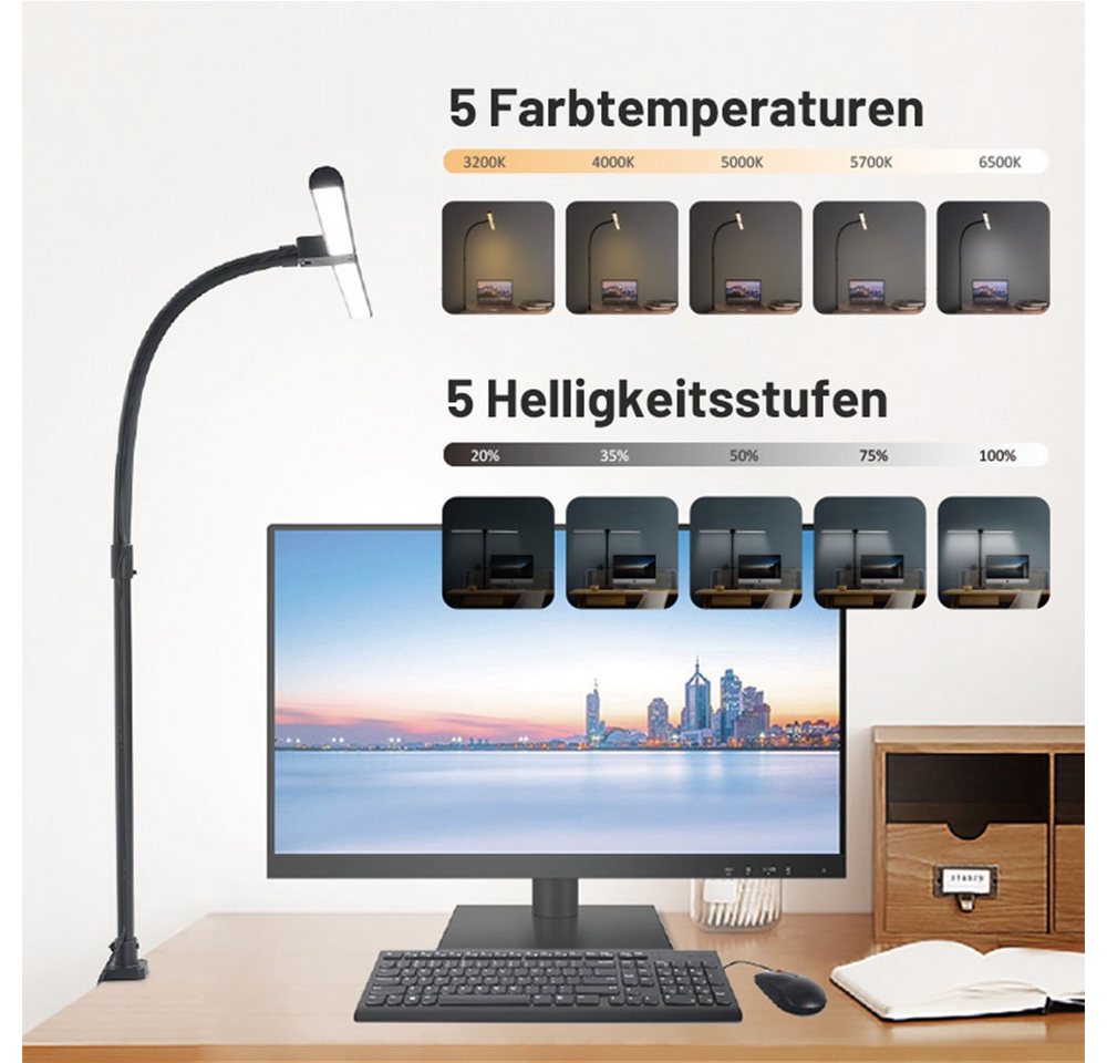 Rosnek LED Tischleuchte Doppelköpfe, 24W, 5 Farben und Helligkeit, für Architekten Büro Lesen, 3200-6500 K, mit Fernbedienung, mit flexibler Schwanenhals – Bild 4 von 5