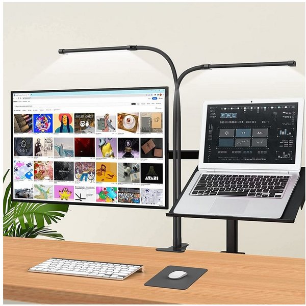 Rosnek LED Tischleuchte Zwei Köpfe, 3 Farben, dimmbar, für Zuhause Büro Schreibtisch Lesen, 3000K Warmweiß, 4500K Naturweiß, 6500K Kaltweiß, flexibler Schwanenh