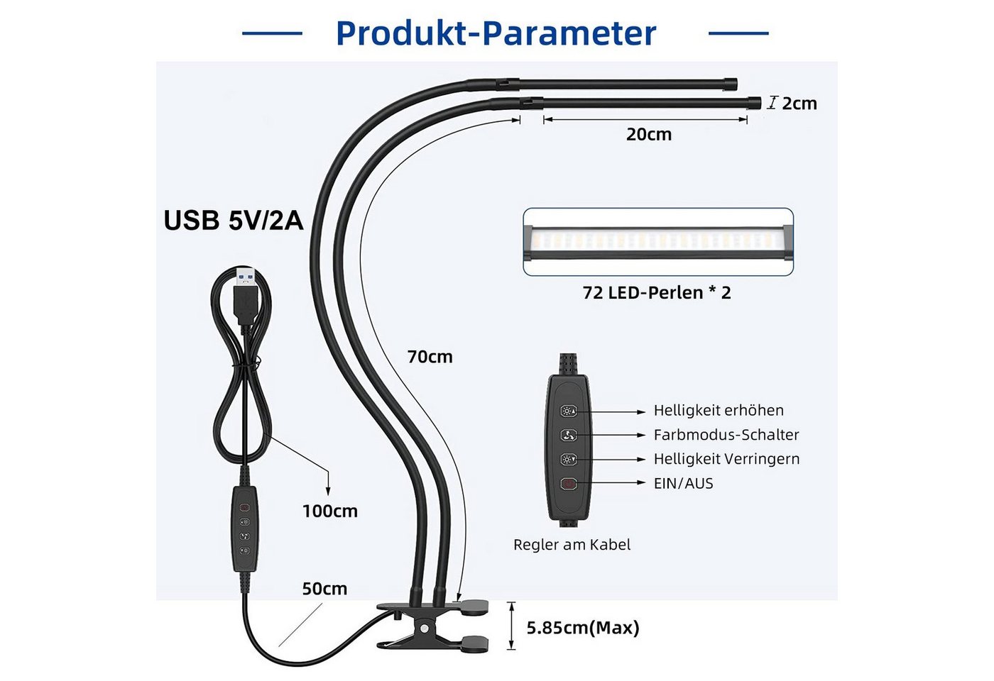 Rosnek LED Tischleuchte Zwei Köpfe, 3 Farben, dimmbar, für Zuhause Büro Schreibtisch Lesen, 3000K Warmweiß, 4500K Naturweiß, 6500K Kaltweiß, flexibler Schwanenh – Bild 2 von 5