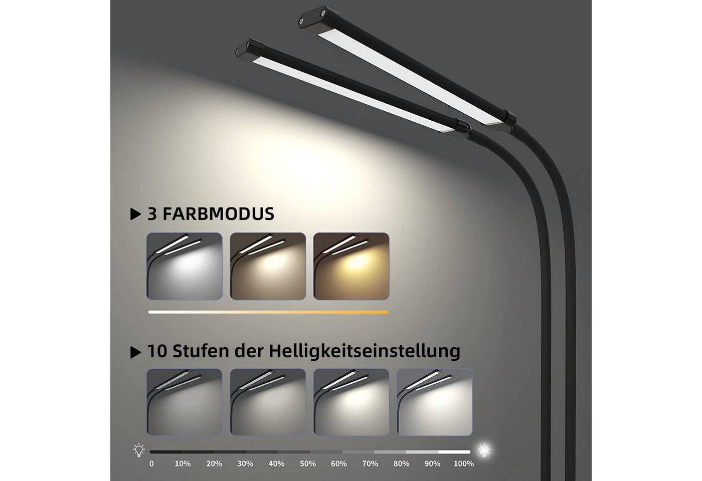 Rosnek LED Tischleuchte Zwei Köpfe, 3 Farben, dimmbar, für Zuhause Büro Schreibtisch Lesen, 3000K Warmweiß, 4500K Naturweiß, 6500K Kaltweiß, flexibler Schwanenh – Bild 3 von 5