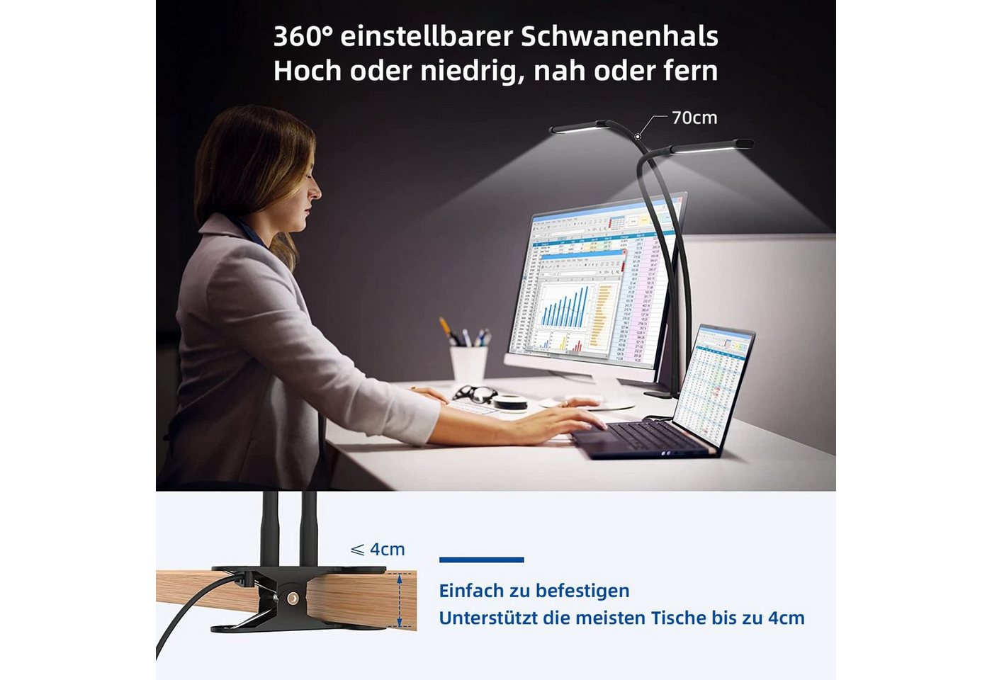 Rosnek LED Tischleuchte Zwei Köpfe, 3 Farben, dimmbar, für Zuhause Büro Schreibtisch Lesen, 3000K Warmweiß, 4500K Naturweiß, 6500K Kaltweiß, flexibler Schwanenh – Bild 4 von 5